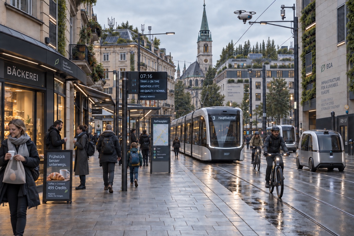 A familiar European morning with a tram, commuters and a bakery.